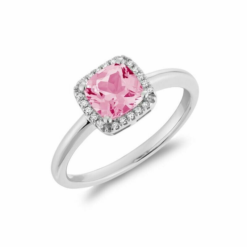 Cushion Cut Pink Quartz &amp; Diamond Halo Ring White Gold