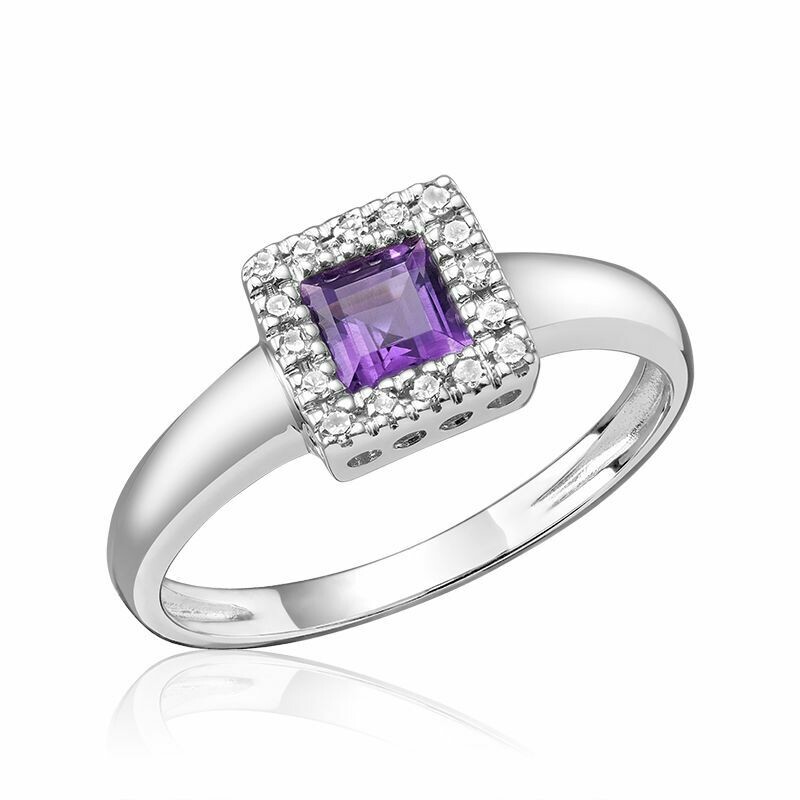 Princess Cut Amethyst &amp; Diamond Halo Ring White Gold