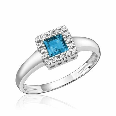 Princess Cut Blue Topaz &amp; Diamond Halo Ring White Gold