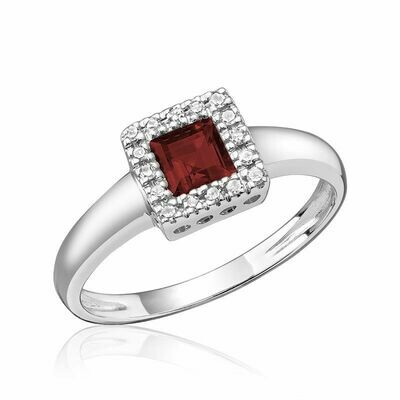 Princess Cut Garnet &amp; Diamond Halo Ring White Gold
