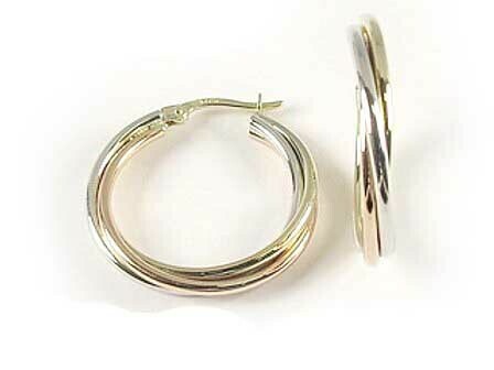10K Yellow White &amp; Rose Fancy Tri Colour Hoop Earrings