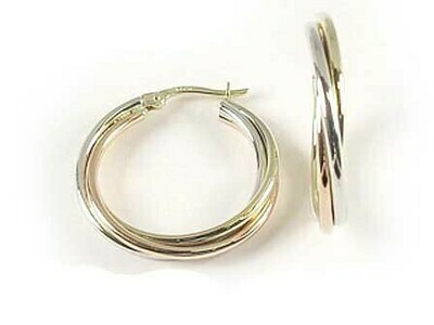 10K Yellow White &amp; Rose Fancy Tri Colour Hoop Earrings