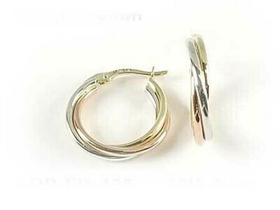 10K Yellow White &amp; Rose Gold Tri Colour Hoop Earrings