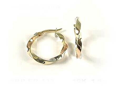 10K Yellow White &amp; Rose Gold Twisted Tri Colour Hoop Earrings
