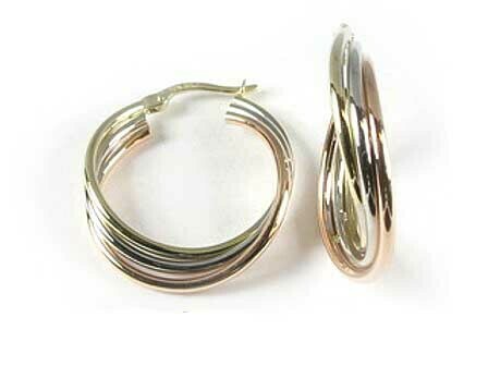 10K Yellow White &amp; Rose Tri Colour Hoop Earrings