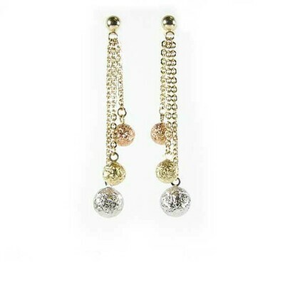 10K Yellow White &amp; Rose Ball Shimmer Cut Tri Color Dangle Earrings