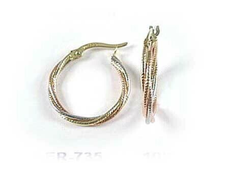 10K Yellow White &amp; Rose Gold Tri Colour Hoop Earrings