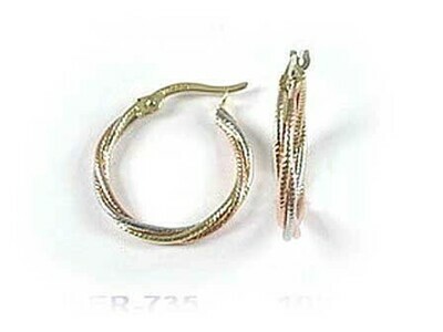 10K Yellow White &amp; Rose Gold Tri Colour Hoop Earrings
