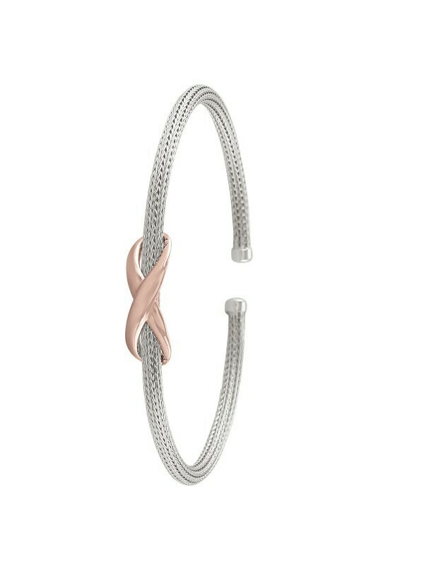Sterling Silver Pink Gold And Rhodium &quot;X&quot; Bangle