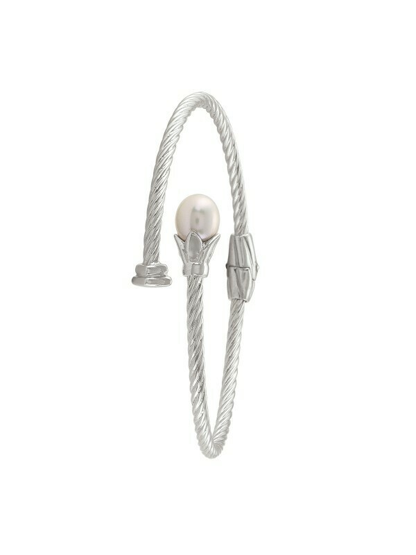 Sterling Silver Rhodium Plated And Pearl Fancy Bangle