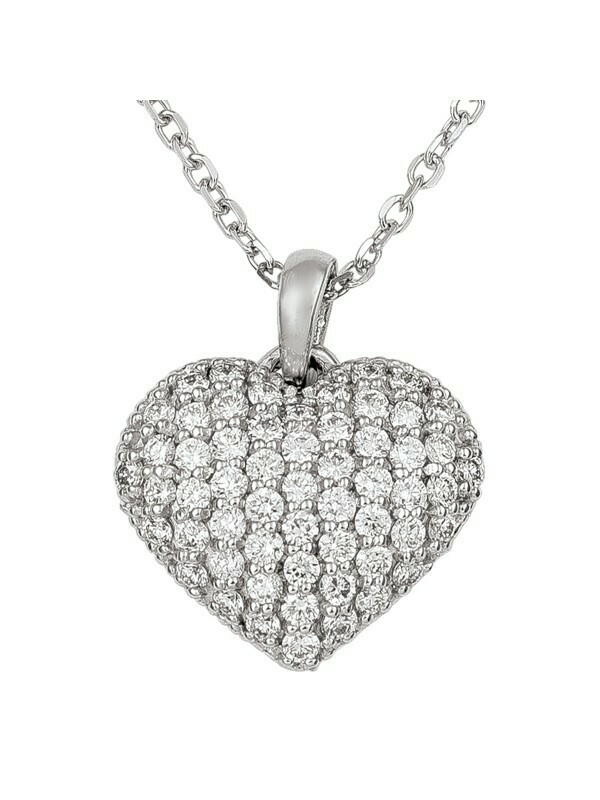 White Gold Small Diamond Puffed Heart Necklace With Solid 18&quot; Cable Chain 14KT