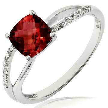 Cushion Garnet Ring with Diamond Accent and Split Shoulders 14KT Gold