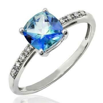 Cushion Blue Topaz Ring with Diamond Accent 14KT Gold