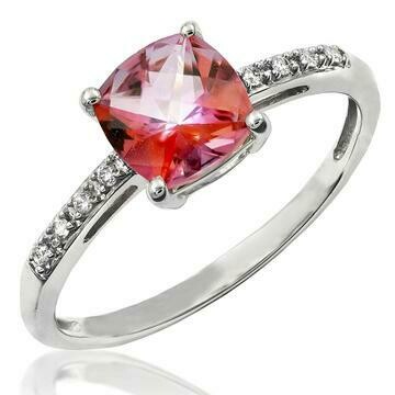 Cushion Pink Topaz Ring with Diamond Accent 14KT Gold
