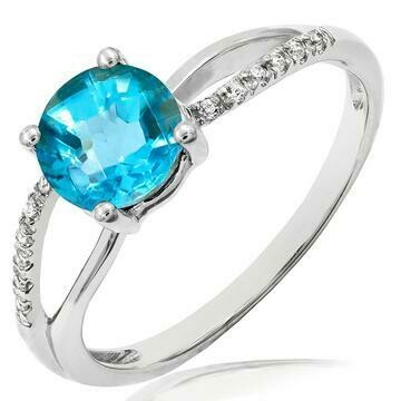 Blue Topaz Ring with Diamond Accent and Split Shoulders Gold