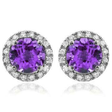 Amethyst Stud Earrings with Diamond Halo 14KT Gold
