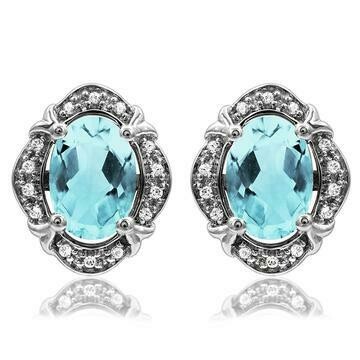 Vintage Inspired Oval Aquamarine Earrings with Diamond Frame 14KT Gold