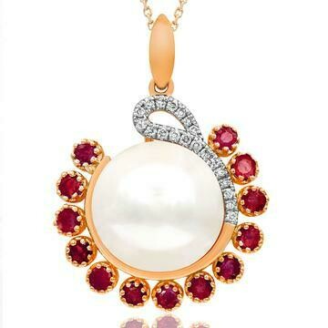 Pearl Pendant with Diamond and Ruby Accent 14KT Gold Pearl Pendant with Diamond and Ruby Accent 14KT Gold