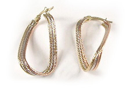 10K Yellow White &amp; Rose Tri Color Hoop Earrings