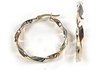 10K Yellow White &amp; Rose Tri Color Shimmer Cut Hoop Earrings