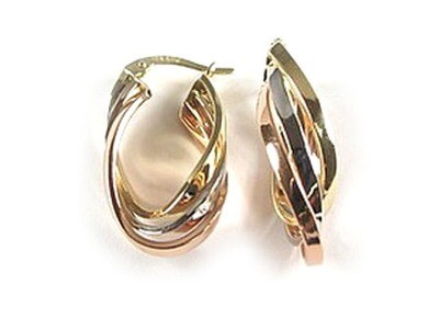 10K Yellow White &amp; Rose Tri Color Smooth Hoop Earrings