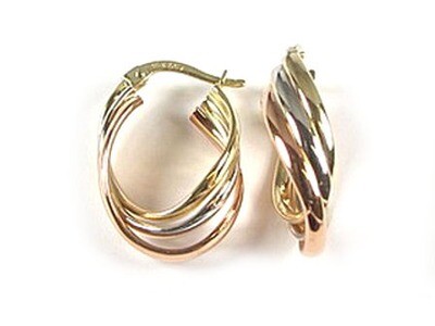 10K Yellow White &amp; Rose Tri Color Smooth Hoop Earrings