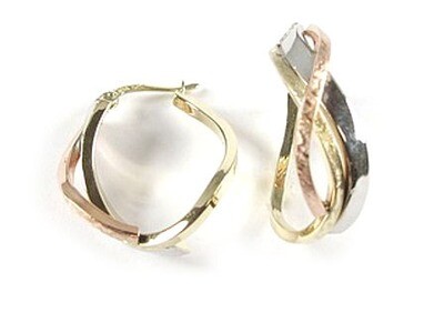 10K Yellow White &amp; Rose Tri Color Smooth Hoop Earrings