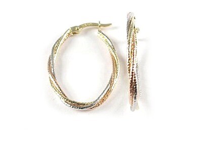 10K Yellow White &amp; Rose Tri Color Shimmer Cut Hoop Earrings