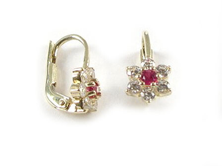 10K Yellow Gold C.Z Ruby Flower Children&#39;s Earrings