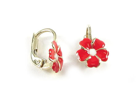 10K Yellow Gold Flower Red Enamel Children&#39;s Earrings