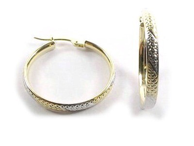 10K Yellow &amp; White Gold Shimmer Cut Hoop Earrings