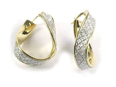 10K Yellow &amp; White Gold Shimmer Cut Hoop Earrings
