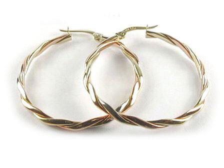 10K Yellow, White &amp; Rose Gold Twisted Hoop Earrings