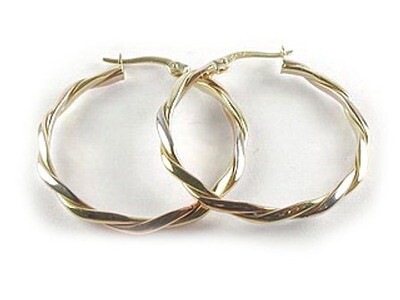 10K Yellow, White &amp; Rose Gold Twisted Hoop Earrings