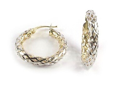 10K Yellow &amp; White Gold Shimmer Cut Hoop Earrings