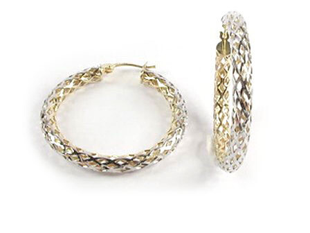 10K Yellow &amp; White Gold Shimmer Cut Hoop Earrings