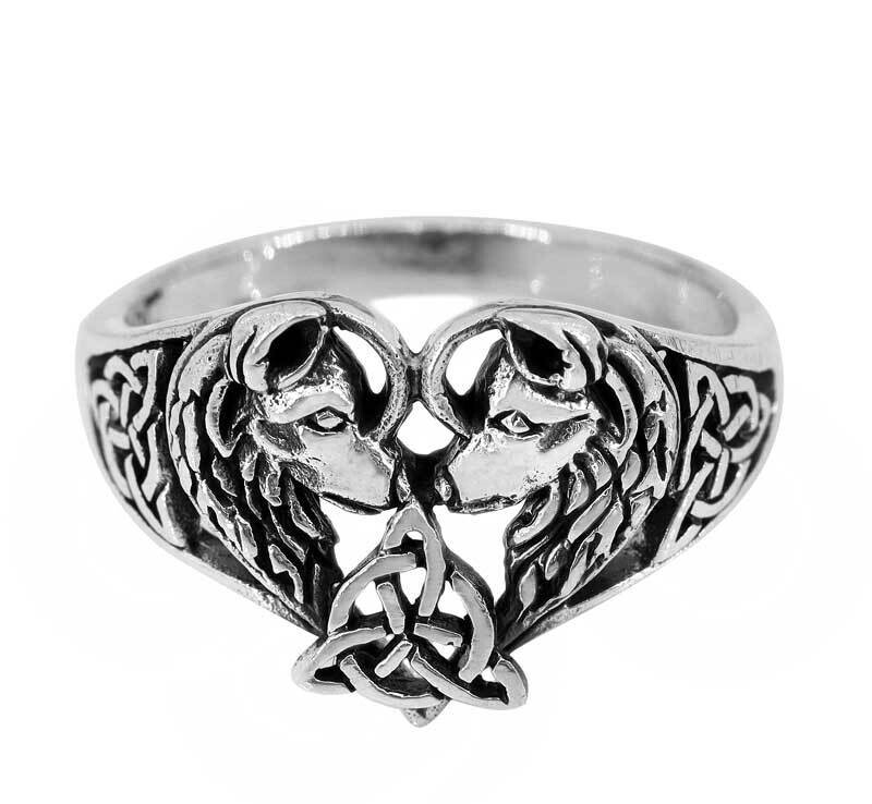 Sterling Silver, Double Wolf Head With Celtic Knot Ring, 14mm Width