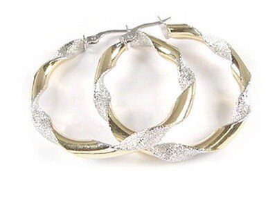10K Yellow &amp; White Gold Shimmer Cut Twisted Hoop Earrings