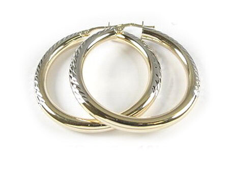 10K Yellow &amp; White Gold Shimmer Cut Hoop Earrings