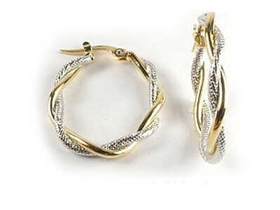 10K Yellow &amp; White Gold Shimmer Cut Hoop Earrings