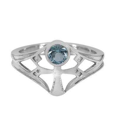Sterling Silver With Rhodium, Cross Ring With 5mm Blue Topaz