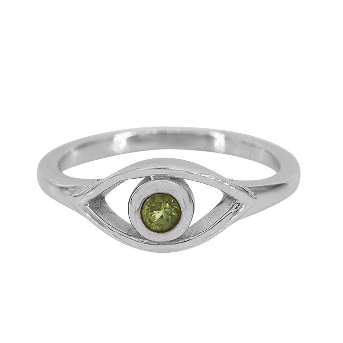 Sterling Silver With Rhodium, 7X13mm Evil Eye Ring With 3mm Peridot, 2mm  Band