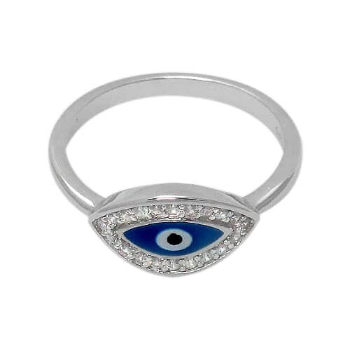 Sterling Silver With Rhodium, 8X14mm Evil Eye Ring With Cubic Zirconia