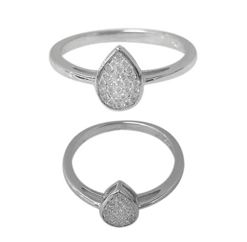 Sterling Silver With Rhodium, 9mm Teardrop Shape Ring With Cubic Zirconia.
