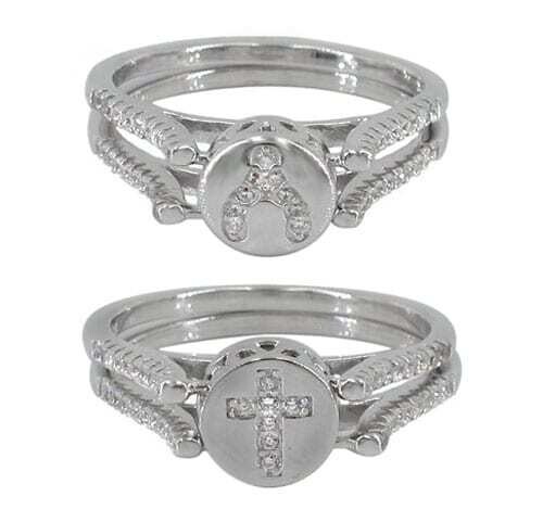 Sterling Silver With Rhodium, Double Sided Cross And Wish Bone Ring With Cubic Zirconia, 8mm Width