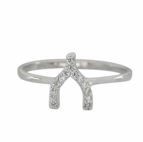 Sterling Silver With Rhodium, 9mm Wish Bone Ring With Cubic Zirconia