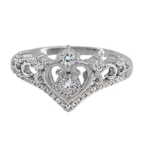Sterling Silver With Rhodium, 12mm Crown Ring With Cubic Zirconia, 2mm Band