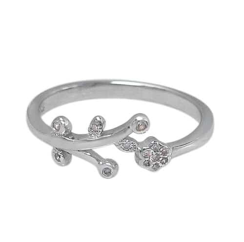 Sterling Silver With Rhodium, Flower Ring With Cubic Zirconia, 7X13mm Width