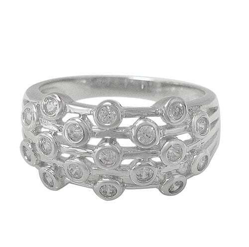 Sterling Silver With Rhodium, Multi Line Ring With Cubic Zirconia, 11mm Width