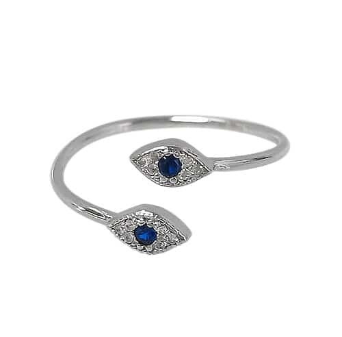 Sterling Silver With Rhodium, 4X7mm Evil Eye Adjustable Ring With Cubic Zirconia